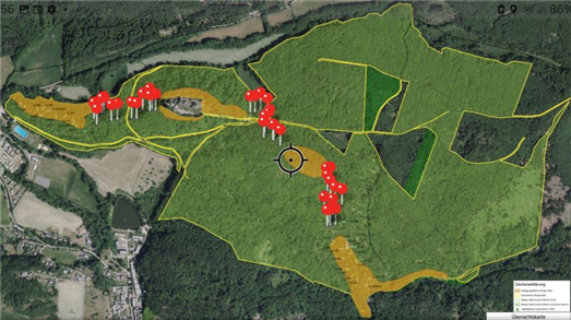 Biotopverbundkonzept im Südharz: Habitatbäume (rot) verbinden Schutzflächen (gelb) – Eigene Darstellung auf der Basis einer Karte von bürger:wald:invest.