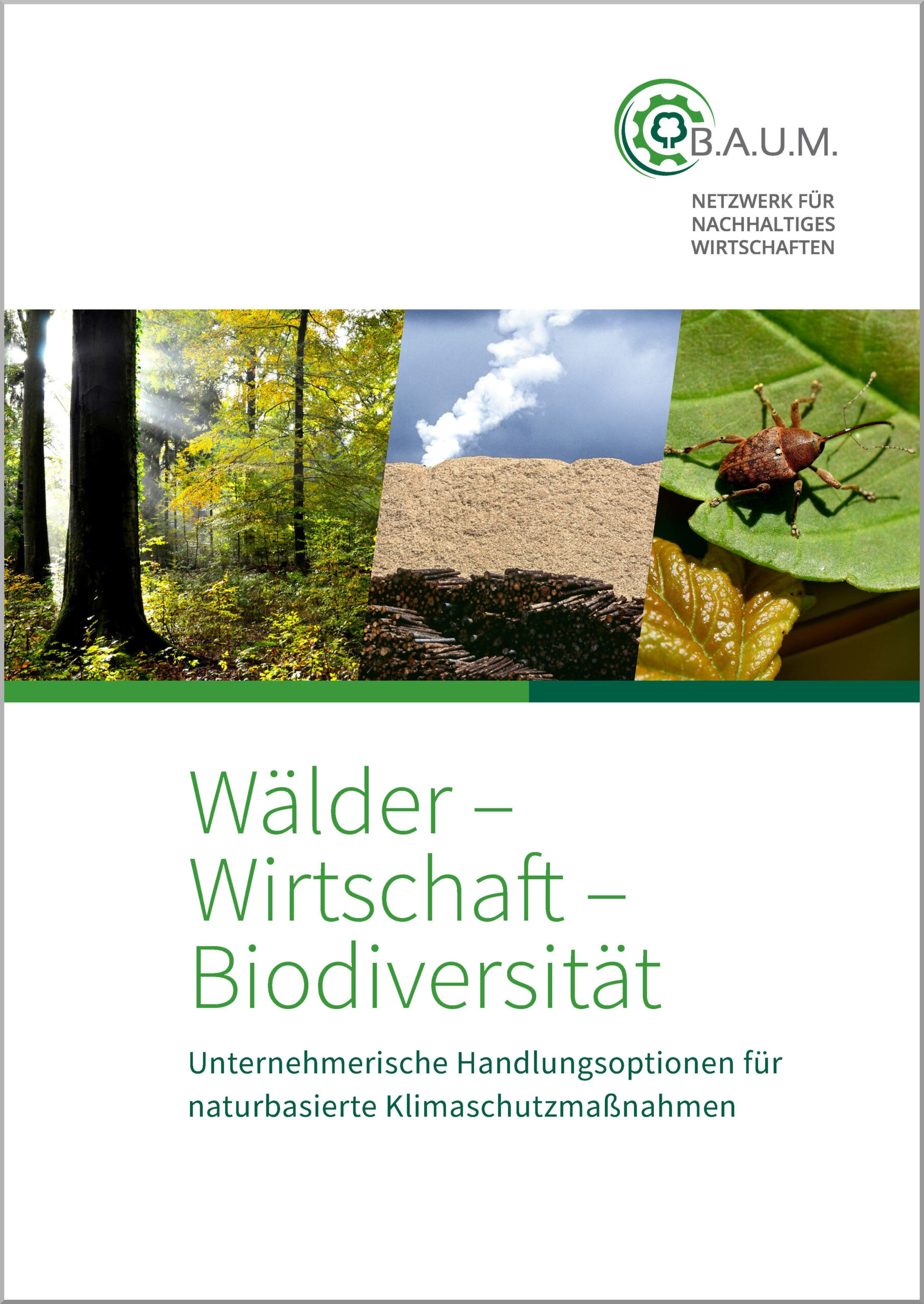 Coverbild des Praxisleitfadens Biodiversität mit Naturmotiven