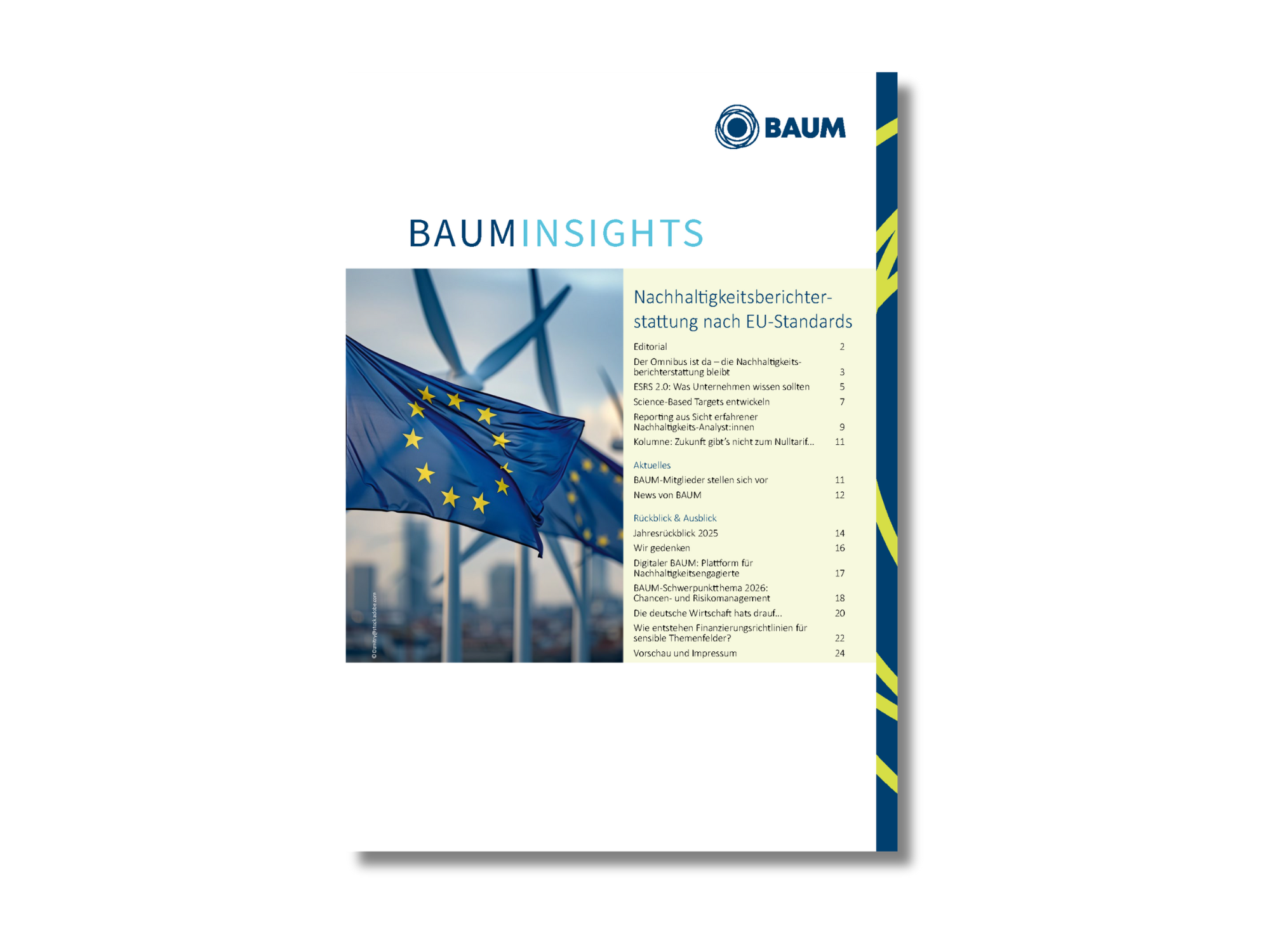 Cover von BAUM Insights 1/2026 mit dem Tittel "Nachhaltigkeitsberichterstattung nach EU-Standards"